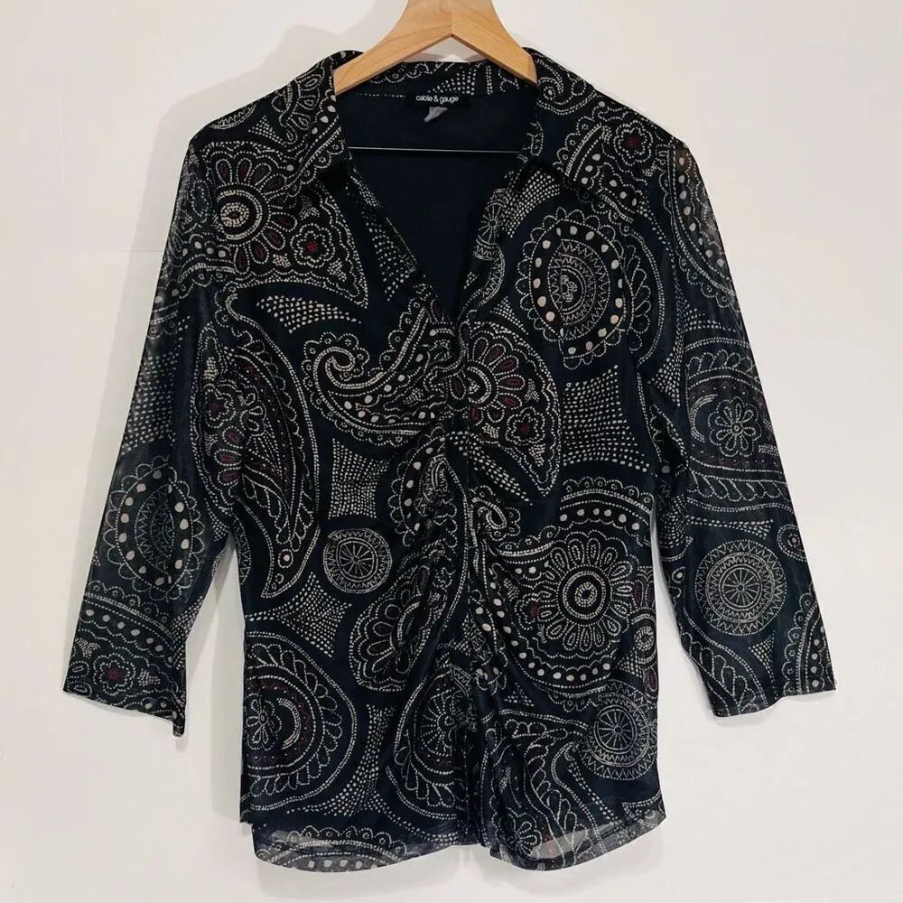 Cable & Gauge Black Paisley Button Down Blouse Size XL